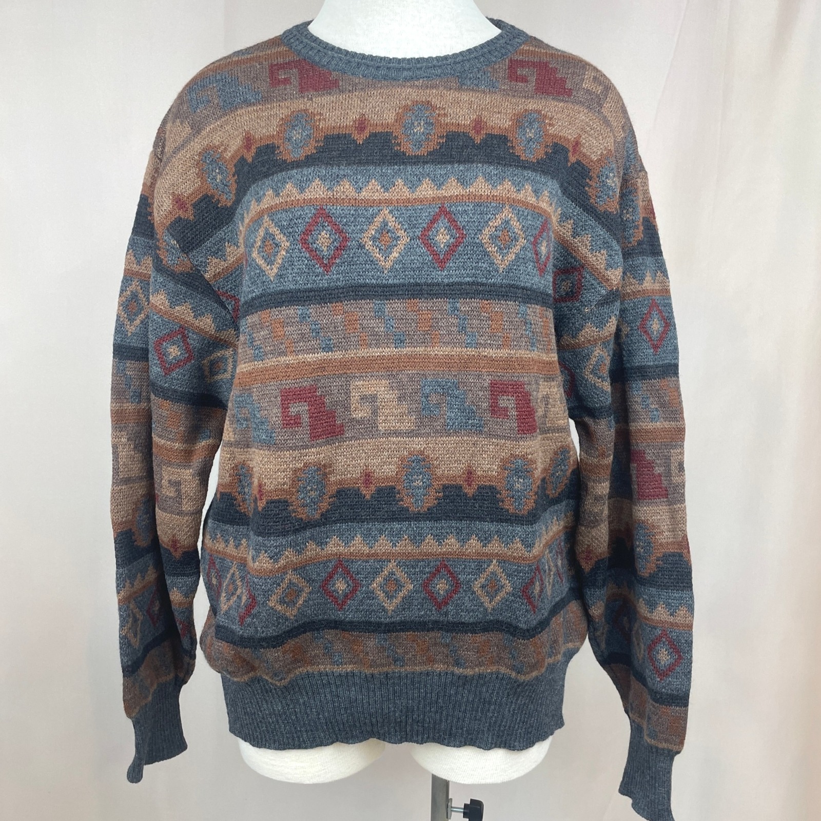 Vtg 90s Mens (Xl) Robert Banks Merino Wool Knit Sweater Ski Grandpa Aztec Brown